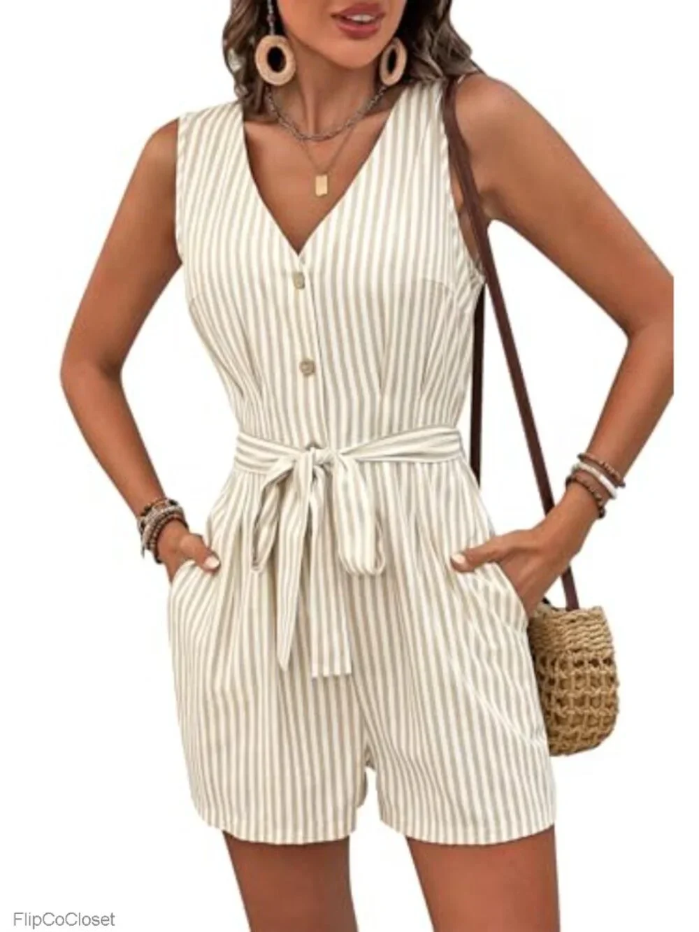 Women's Sleeveless V-Neck Button Up Striped Romper Short Jumpsuit with Pockets